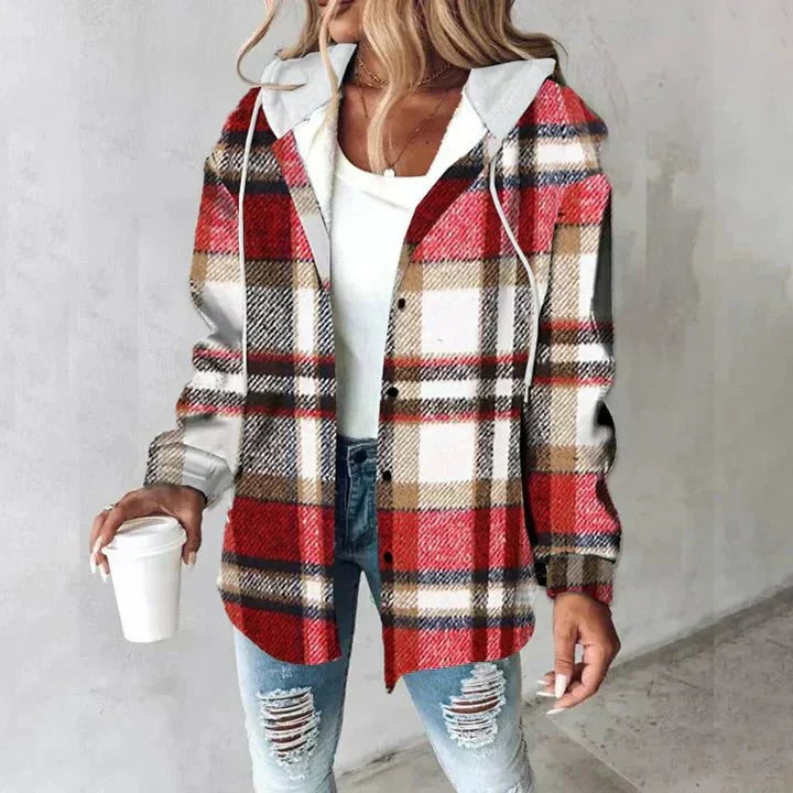 Hemdjacke Damen grün kariert mit Kapuze und weitem Schnitt
