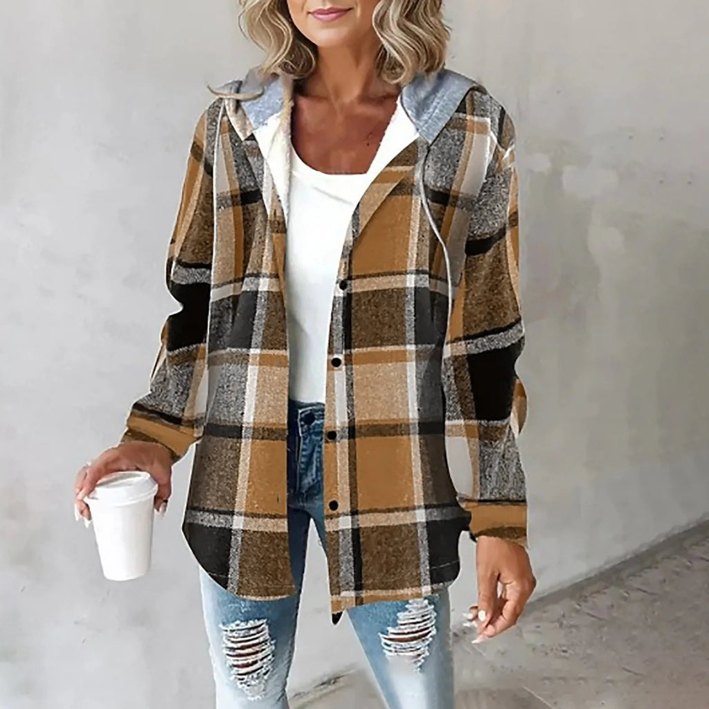 Hemdjacke Damen grün kariert mit Kapuze und weitem Schnitt