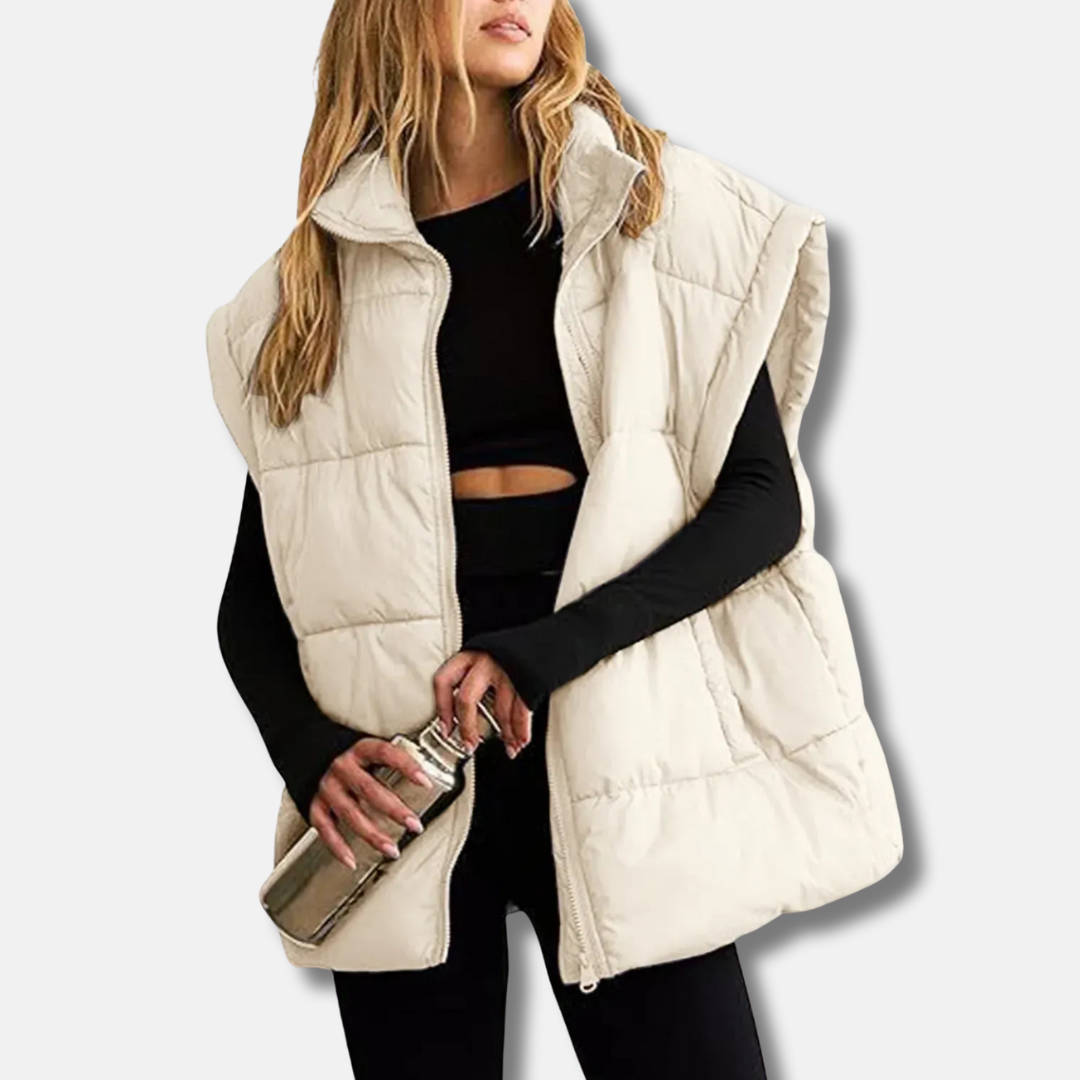 Steppweste Damen beige oversize ärmellos mit Stehkragen
