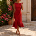 Midikleid Damen rot ärmellos mit Knotendetail und Volant