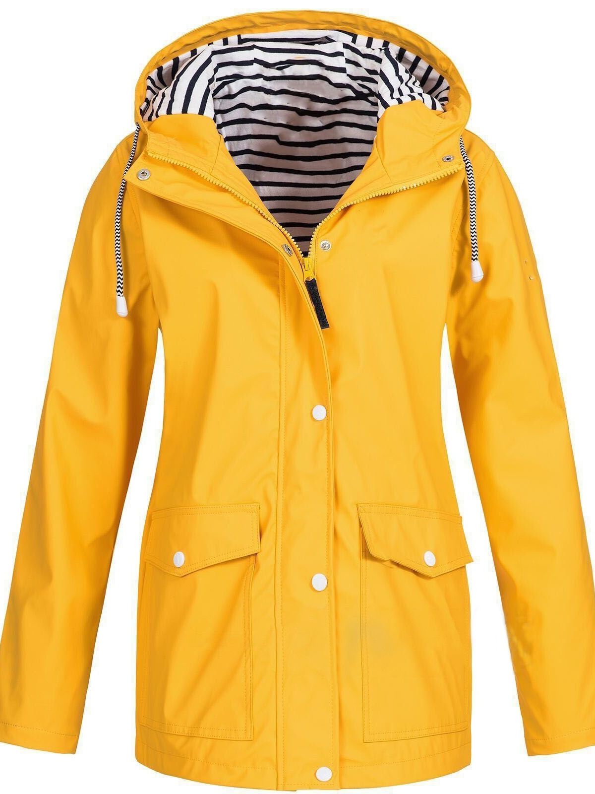 Regenjacke Damen gelb mit Kapuze und Streifenfutter